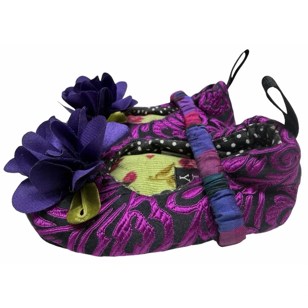 Goody Infant Baby Soft Sole Crib Shoes Floral Purple‎ Black Size 2-3 Prewalker